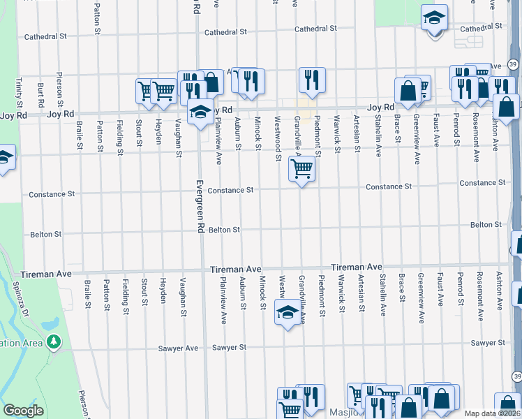 map of restaurants, bars, coffee shops, grocery stores, and more near 8218 Minock Street in Detroit