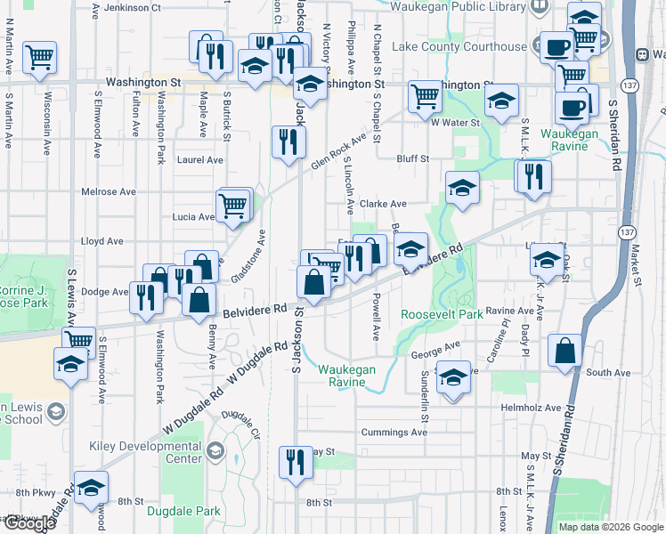 map of restaurants, bars, coffee shops, grocery stores, and more near 443 South Victory Street in Waukegan