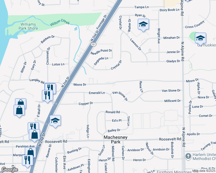 map of restaurants, bars, coffee shops, grocery stores, and more near 1122 Emerald Lane in Machesney Park