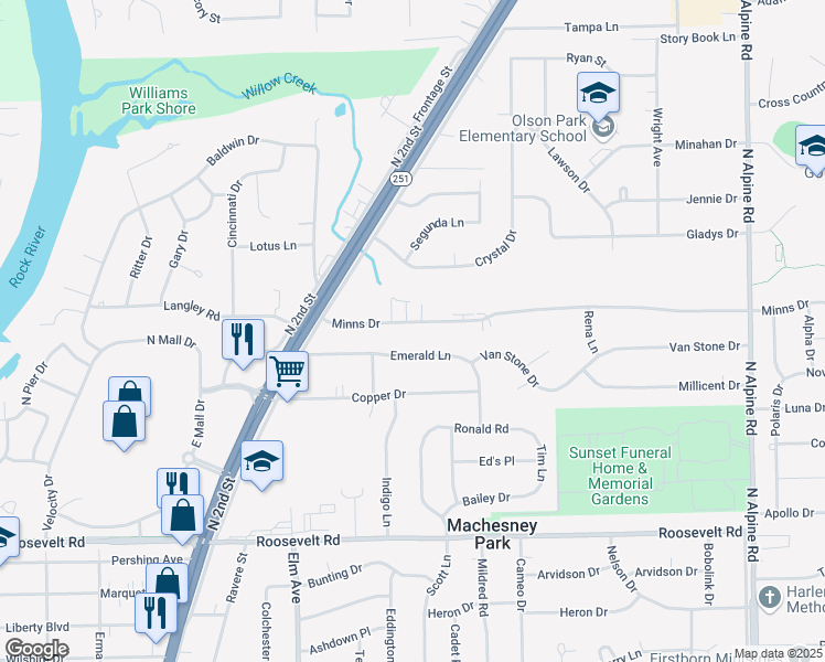 map of restaurants, bars, coffee shops, grocery stores, and more near 1024 Emerald Lane in Machesney Park