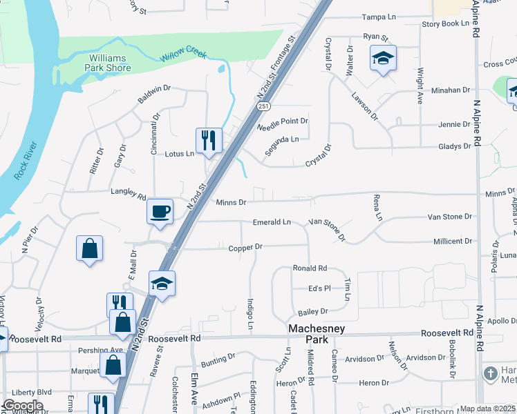 map of restaurants, bars, coffee shops, grocery stores, and more near 1004 Emerald Lane in Machesney Park