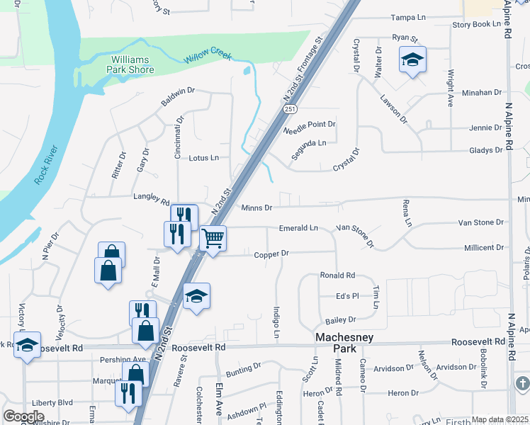 map of restaurants, bars, coffee shops, grocery stores, and more near 824 Emerald Lane in Machesney Park