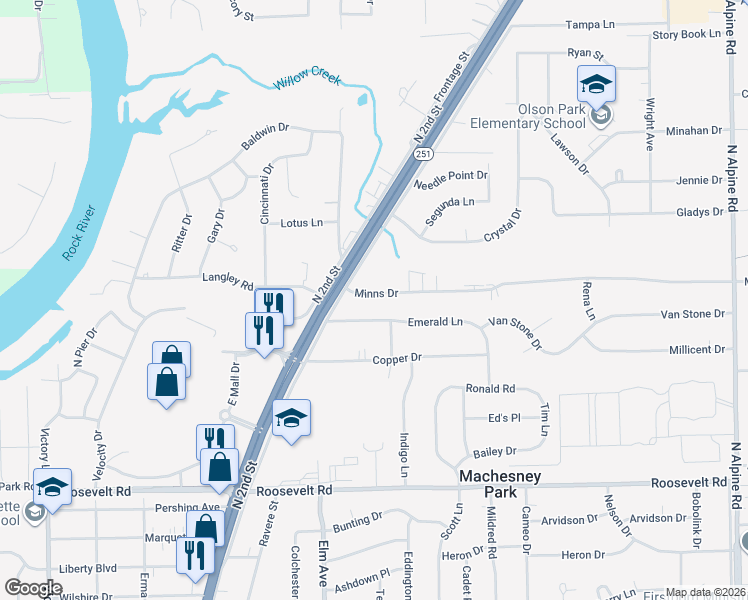 map of restaurants, bars, coffee shops, grocery stores, and more near 824 Emerald Lane in Machesney Park