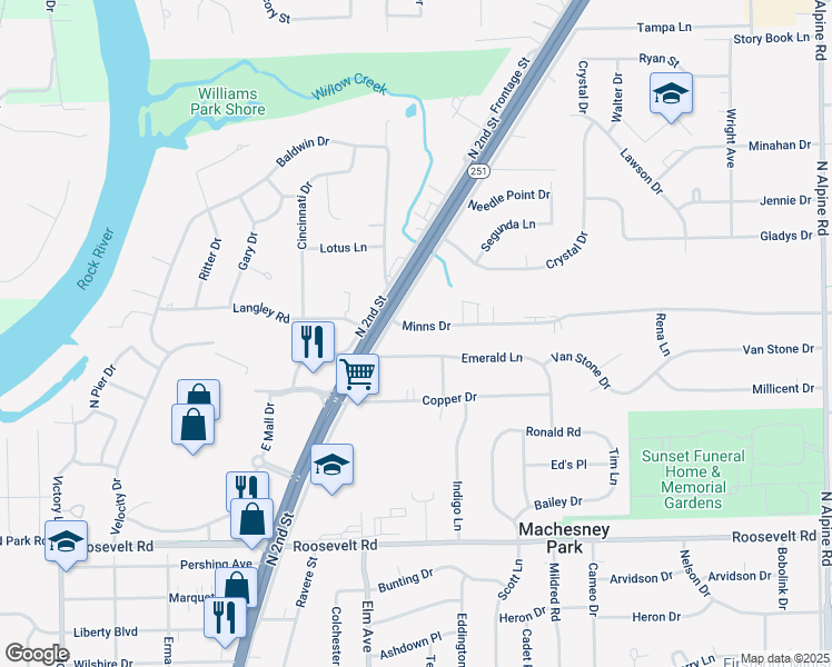 map of restaurants, bars, coffee shops, grocery stores, and more near 824 Emerald Lane in Machesney Park