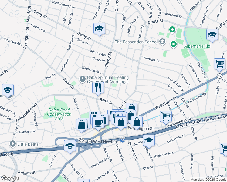 map of restaurants, bars, coffee shops, grocery stores, and more near 12 Henshaw Terrace in Newton