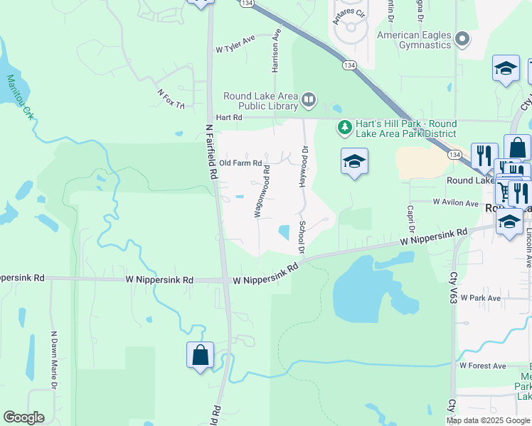 map of restaurants, bars, coffee shops, grocery stores, and more near 1068 Haywood Drive in Round Lake