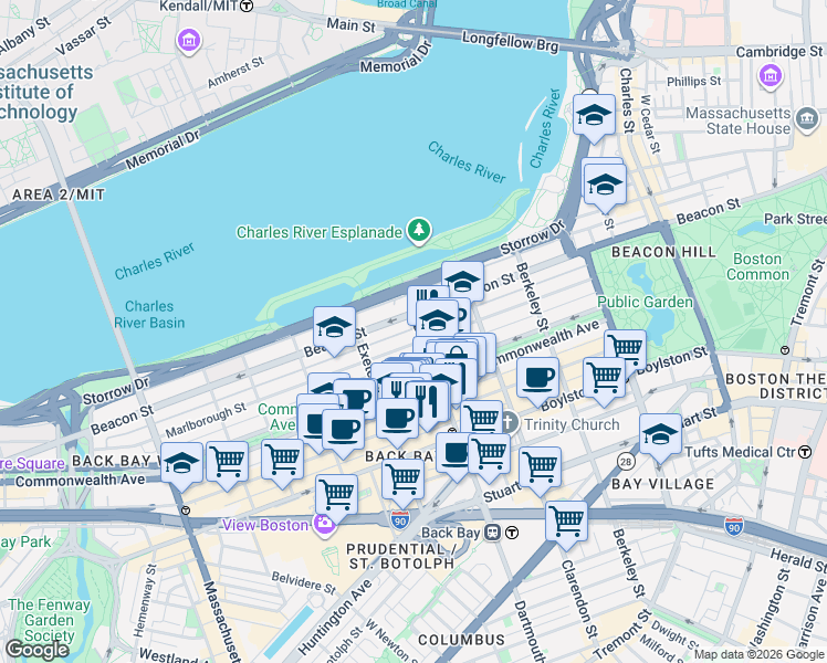 map of restaurants, bars, coffee shops, grocery stores, and more near 312 Dartmouth Street in Boston