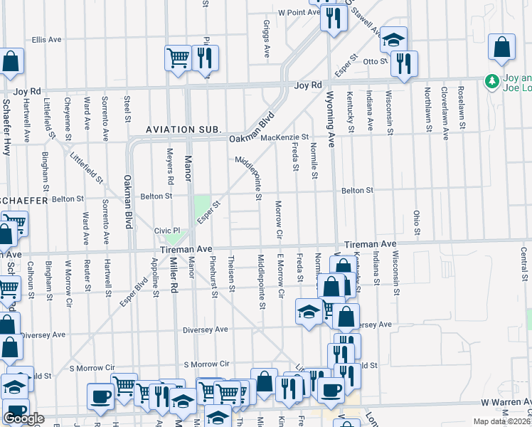 map of restaurants, bars, coffee shops, grocery stores, and more near 8050 Middlepoint Street in Detroit
