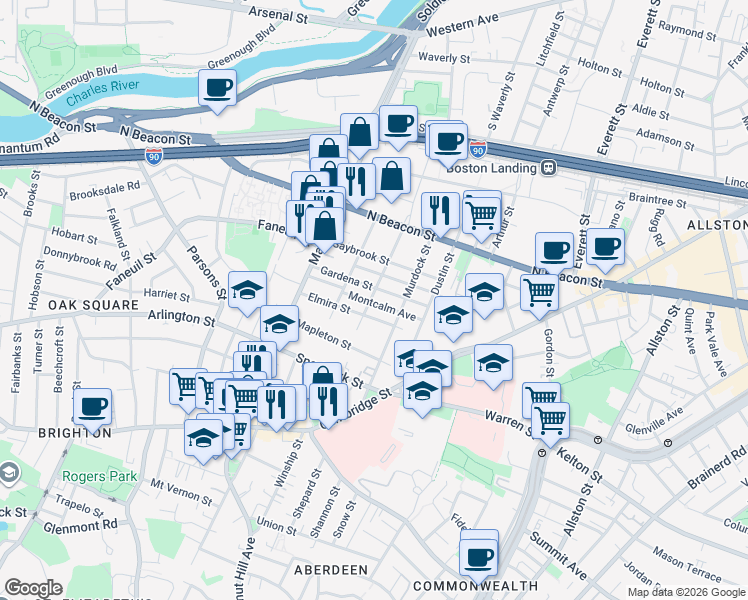 map of restaurants, bars, coffee shops, grocery stores, and more near 96 Etna Street in Boston