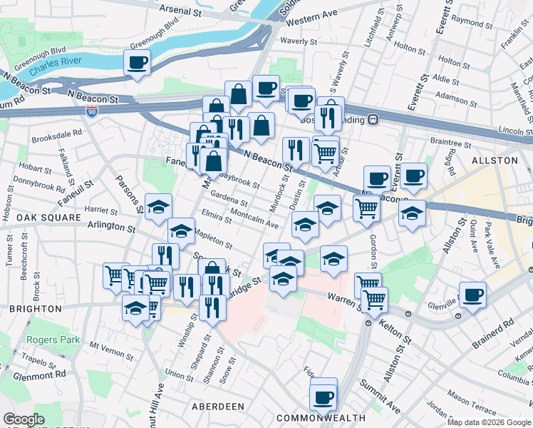 map of restaurants, bars, coffee shops, grocery stores, and more near 87 Murdock Street in Boston