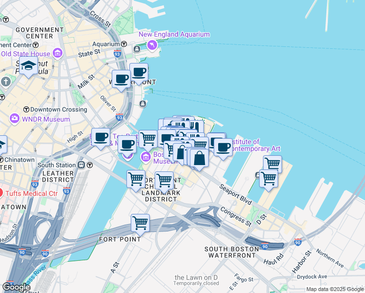 map of restaurants, bars, coffee shops, grocery stores, and more near 49 Northern Avenue in Boston
