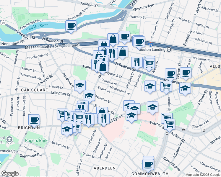 map of restaurants, bars, coffee shops, grocery stores, and more near 96 Etna Street in Boston