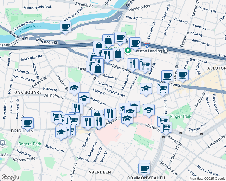 map of restaurants, bars, coffee shops, grocery stores, and more near 45 Montcalm Avenue in Boston