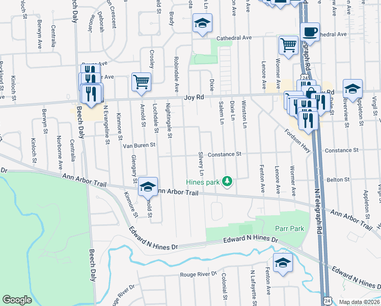 map of restaurants, bars, coffee shops, grocery stores, and more near 8323 Silvery Lane in Dearborn Heights