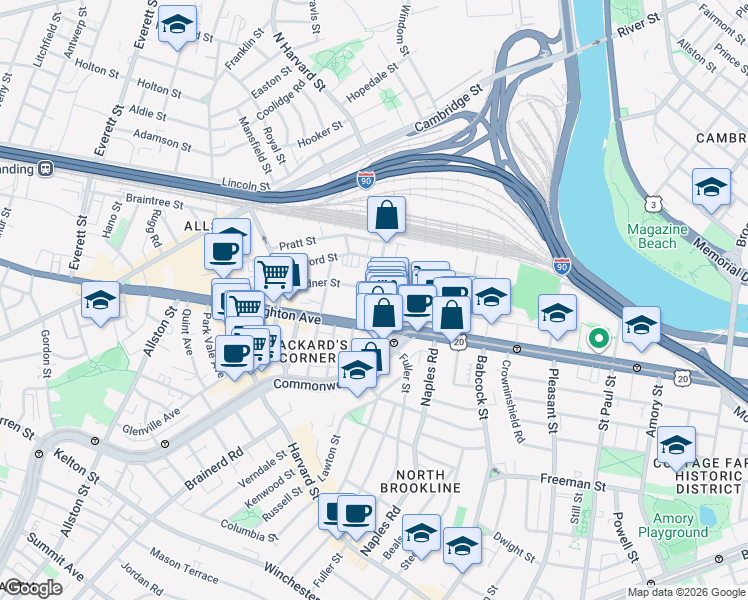 map of restaurants, bars, coffee shops, grocery stores, and more near 5 Gardner Terrace in Allston