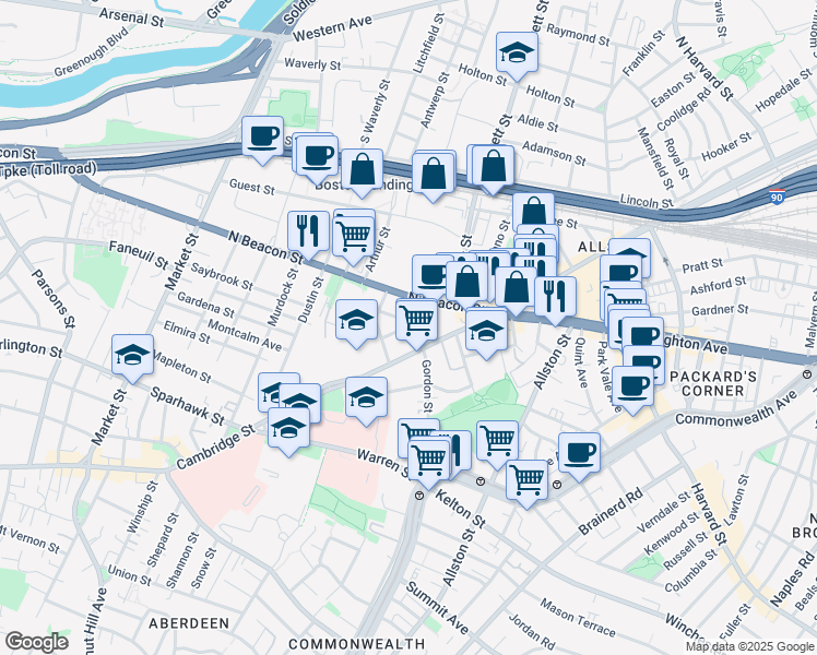 map of restaurants, bars, coffee shops, grocery stores, and more near in Boston