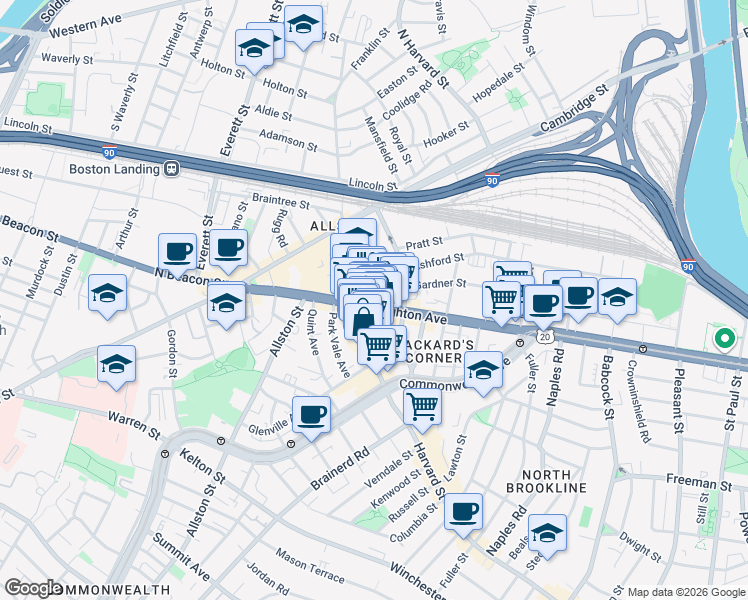 map of restaurants, bars, coffee shops, grocery stores, and more near 139 Brighton Avenue in Boston