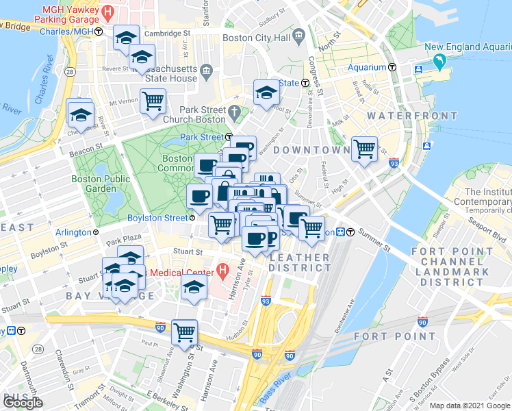 map of restaurants, bars, coffee shops, grocery stores, and more near Chauncy St & Ave De Lafayette in Boston
