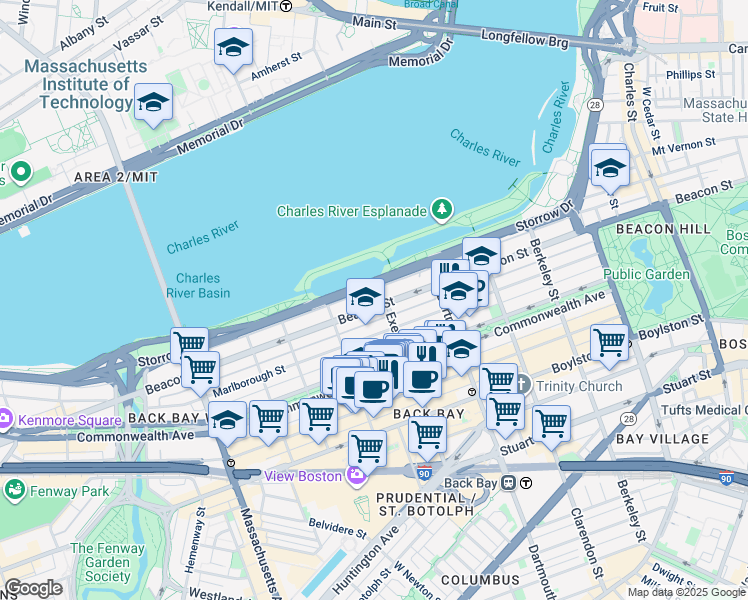 map of restaurants, bars, coffee shops, grocery stores, and more near 290 Beacon Street in Boston