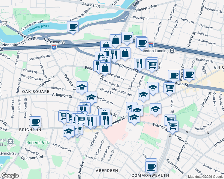 map of restaurants, bars, coffee shops, grocery stores, and more near 96 Etna Street in Boston