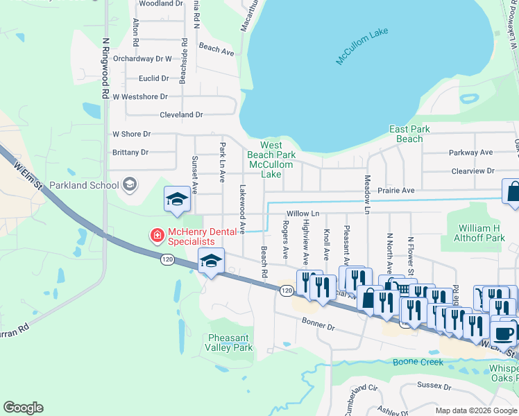 map of restaurants, bars, coffee shops, grocery stores, and more near 1800 Lakewood Avenue in McHenry
