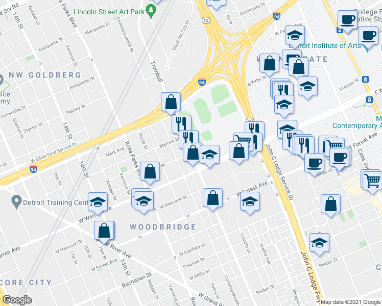 map of restaurants, bars, coffee shops, grocery stores, and more near Trumbull St & Putnam St in Detroit