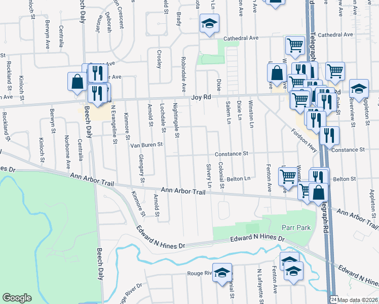 map of restaurants, bars, coffee shops, grocery stores, and more near 8312 Nightingale Street in Dearborn Heights