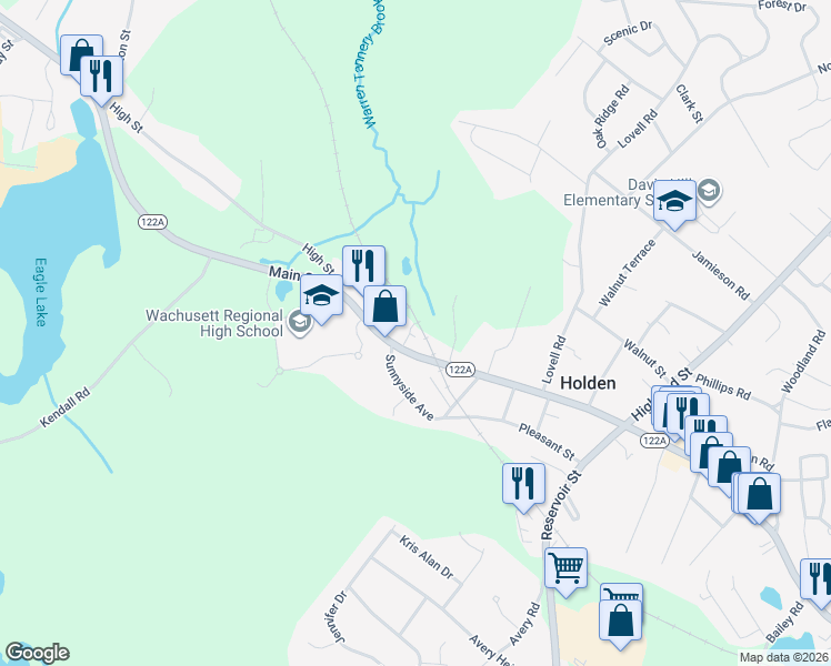 map of restaurants, bars, coffee shops, grocery stores, and more near 1348 Main Street in Holden