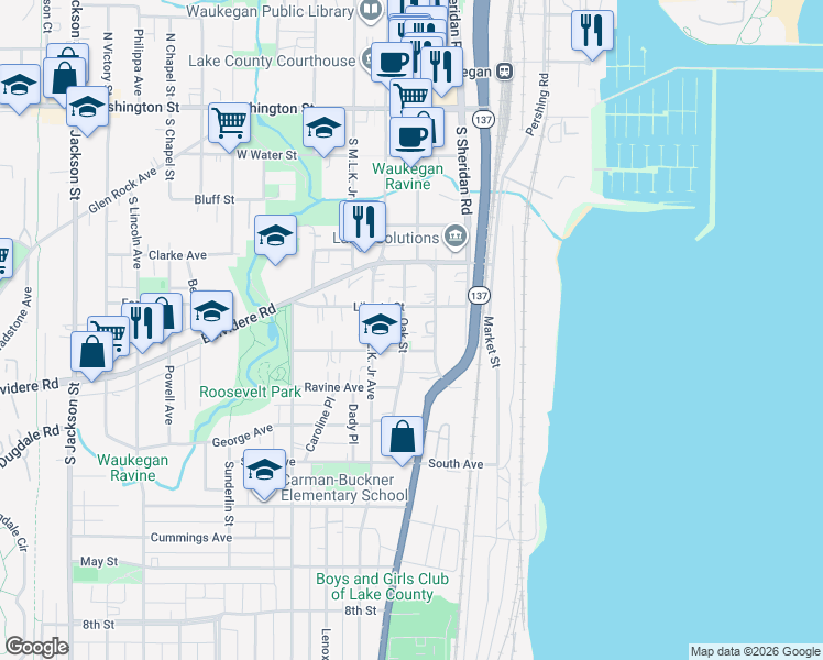 map of restaurants, bars, coffee shops, grocery stores, and more near 417 Oak Street in Waukegan