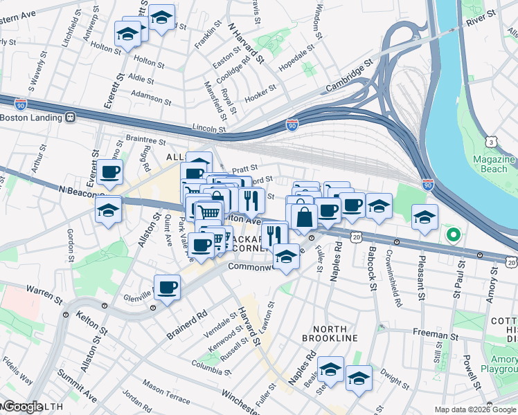 map of restaurants, bars, coffee shops, grocery stores, and more near 66 Brighton Avenue in Boston