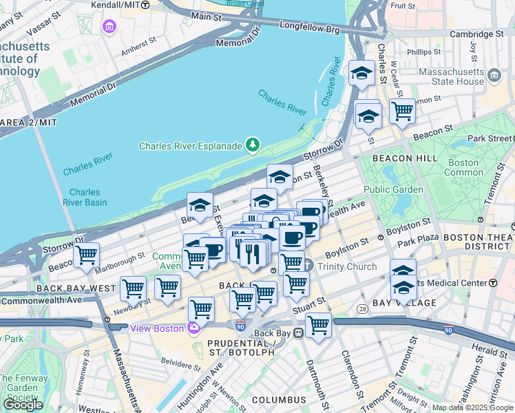 map of restaurants, bars, coffee shops, grocery stores, and more near 312 Dartmouth Street in Boston