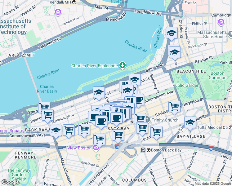 map of restaurants, bars, coffee shops, grocery stores, and more near 193 Marlborough Street in Boston