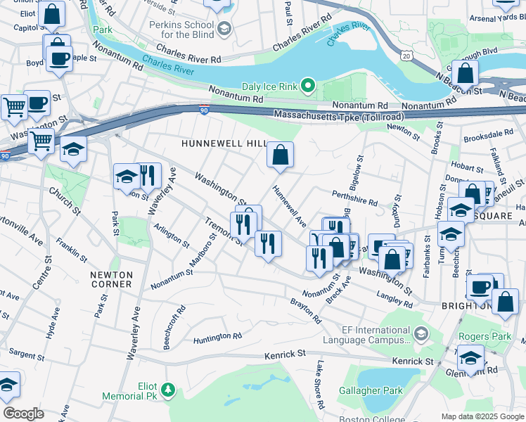 map of restaurants, bars, coffee shops, grocery stores, and more near 719 Washington Street in Boston