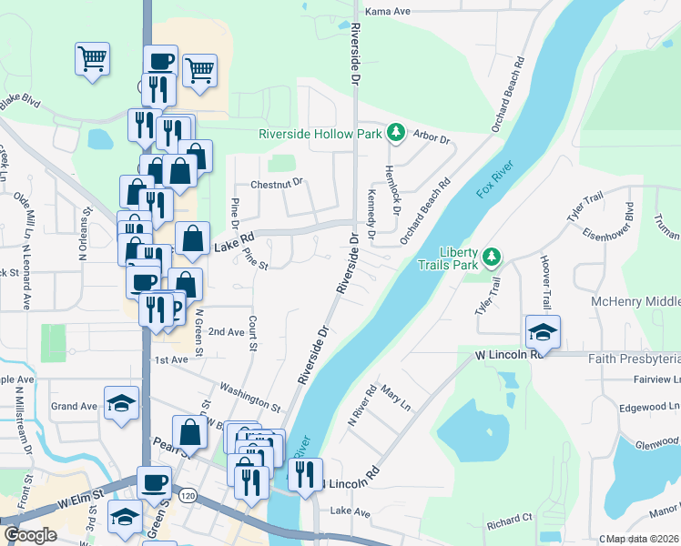 map of restaurants, bars, coffee shops, grocery stores, and more near 1715 Riverside Drive in McHenry