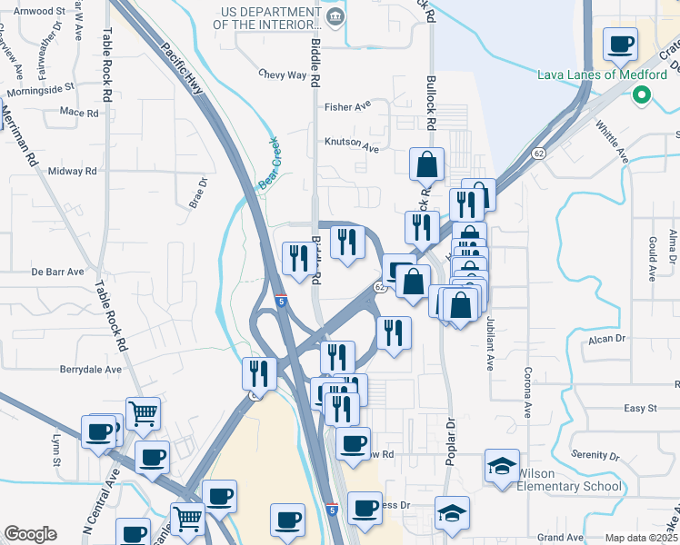 map of restaurants, bars, coffee shops, grocery stores, and more near 2300 Biddle Road in Medford