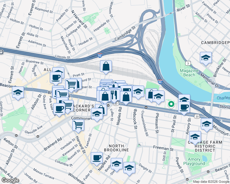 map of restaurants, bars, coffee shops, grocery stores, and more near 1083 Commonwealth Avenue in Boston