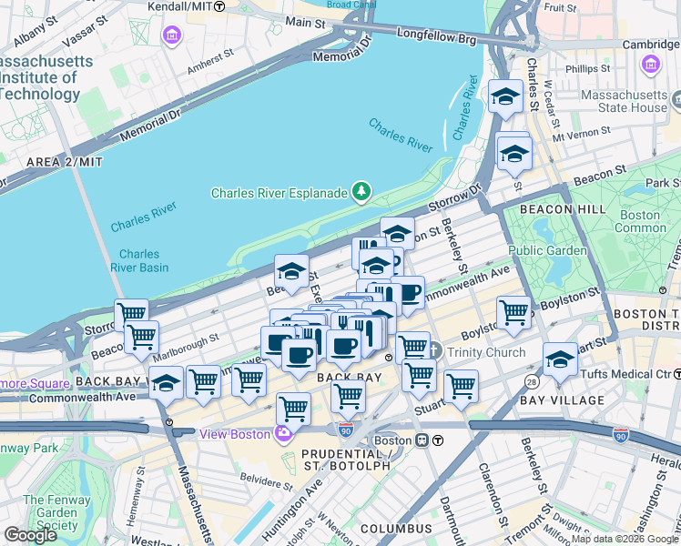 map of restaurants, bars, coffee shops, grocery stores, and more near 193 Marlborough Street in Boston