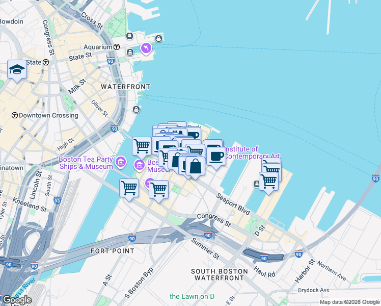 map of restaurants, bars, coffee shops, grocery stores, and more near 65 Northern Avenue in Boston