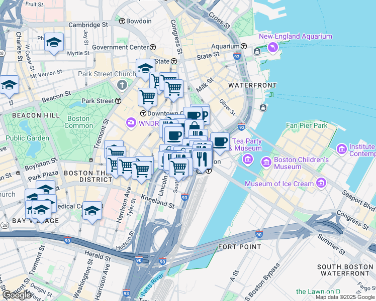 map of restaurants, bars, coffee shops, grocery stores, and more near in Boston