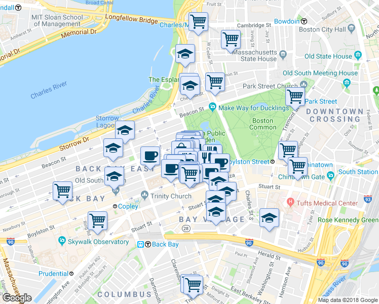 map of restaurants, bars, coffee shops, grocery stores, and more near in Boston