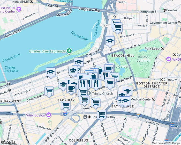 map of restaurants, bars, coffee shops, grocery stores, and more near in Boston