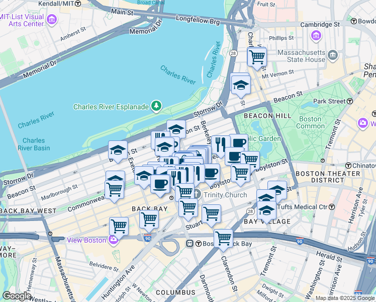 map of restaurants, bars, coffee shops, grocery stores, and more near in Boston