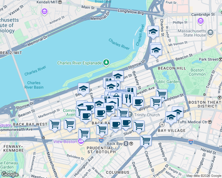 map of restaurants, bars, coffee shops, grocery stores, and more near 123 Commonwealth Avenue in Boston