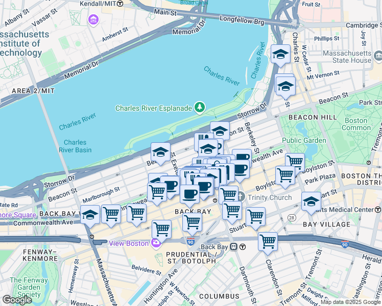 map of restaurants, bars, coffee shops, grocery stores, and more near 312 Dartmouth Street in Boston