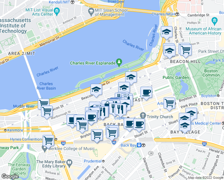 map of restaurants, bars, coffee shops, grocery stores, and more near 193 Marlborough Street in Boston