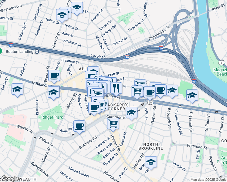 map of restaurants, bars, coffee shops, grocery stores, and more near 100 U.S. 20 in Boston