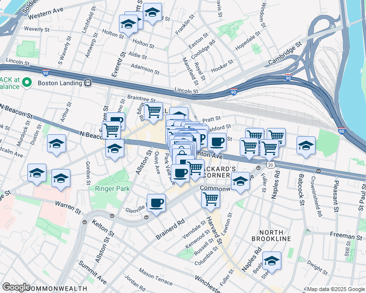 map of restaurants, bars, coffee shops, grocery stores, and more near 147 U.S. 20 in Boston