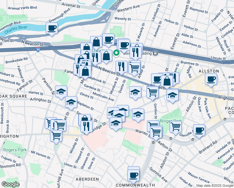 map of restaurants, bars, coffee shops, grocery stores, and more near 59 Dustin Street in Boston