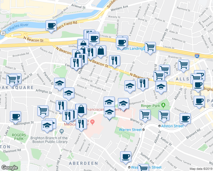 map of restaurants, bars, coffee shops, grocery stores, and more near 87 Murdock Street in Boston