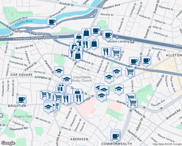 map of restaurants, bars, coffee shops, grocery stores, and more near 96 Etna Street in Boston
